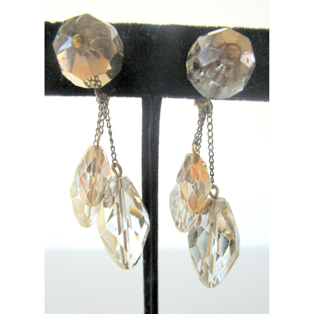 Vogue Vintage Earrings Clip On Dangle Beads Gold Clear Sparkly